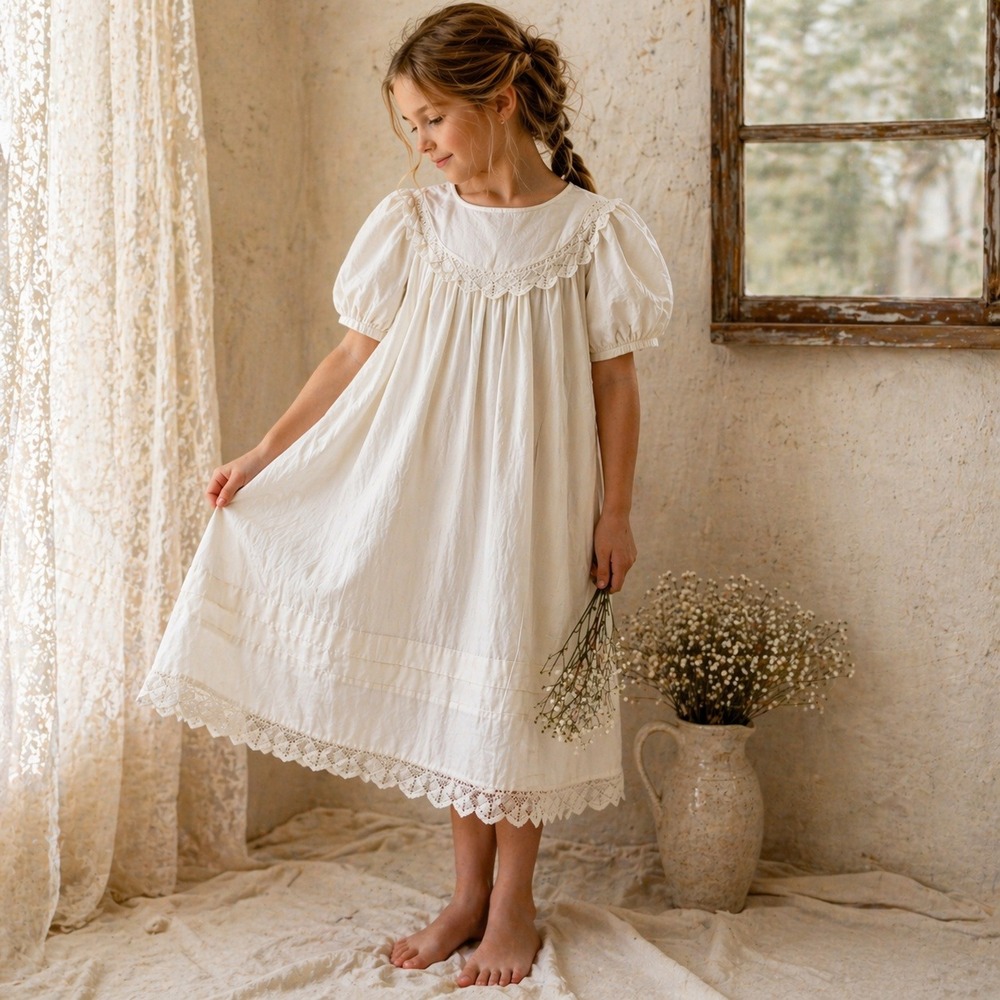Paper White Vintage Kids 8 Linen Cotton Lace Heirloom Dress 1988 Portrait